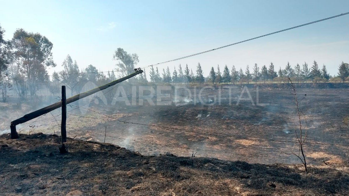 Los postes de luz también cayeron por efecto del fuego. En el lugar trabaja una cuadrilla de la EPE.