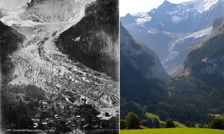 Vista del glaciar inferior de Grindelwald en 1865 y 2019, Suiza. Vista del glaciar inferior de Grindelwald en 1865 y 2019, Suiza.