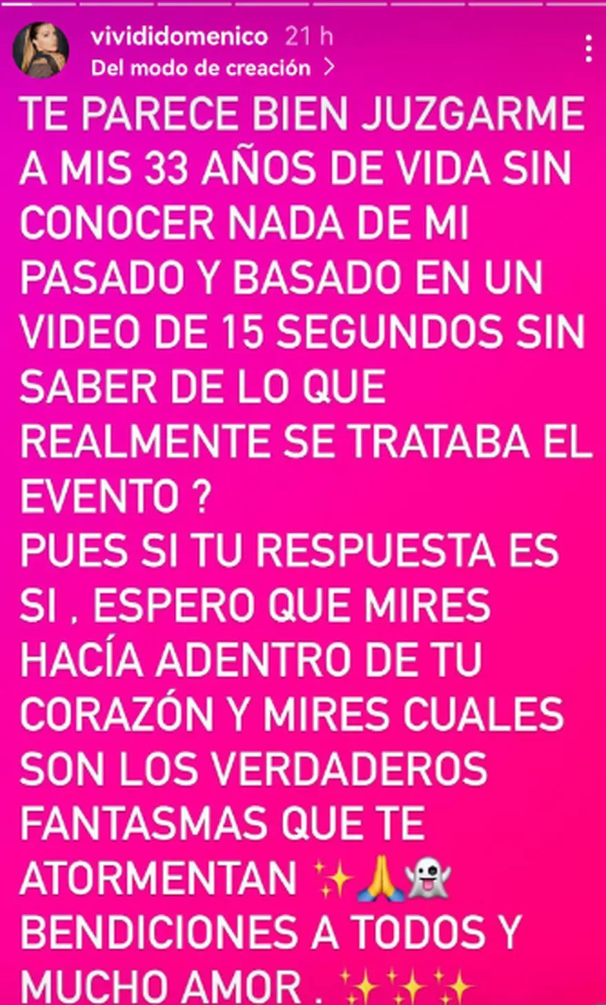 Vivi Di Domenico respondió a las críticas. Instagram: Vivi Di Domenico