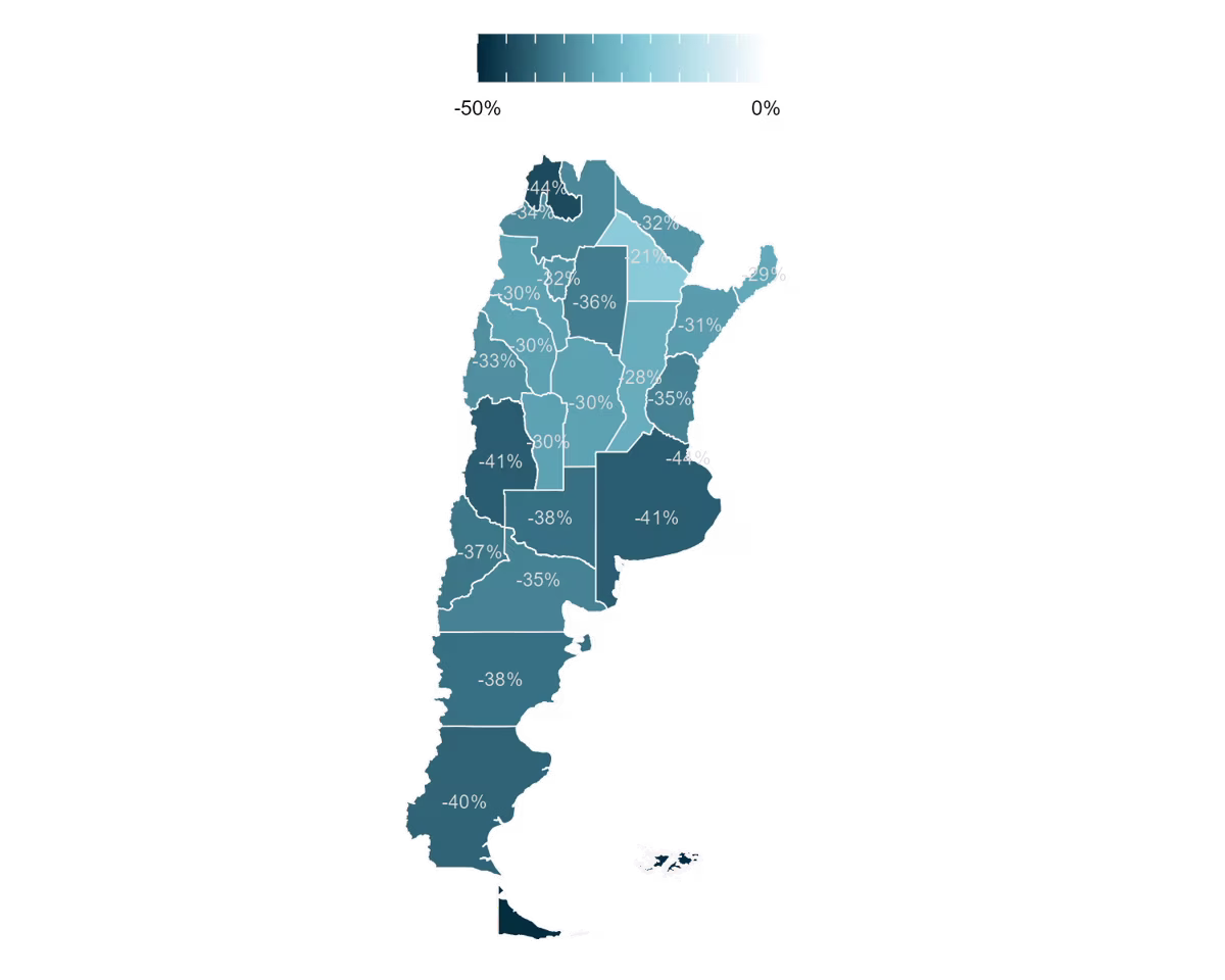 En las 24 jurisdicciones del país cayó la cantidad de nacimientos entre 2014 y 2022. Las mayores bajas fueron en Tierra del Fuego (-49%), Jujuy (-44%) y CABA (-44%). En las 24 jurisdicciones del país cayó la cantidad de nacimientos entre 2014 y 2022. Las mayores bajas fueron en Tierra del Fuego (-49%), Jujuy (-44%) y CABA (-44%).