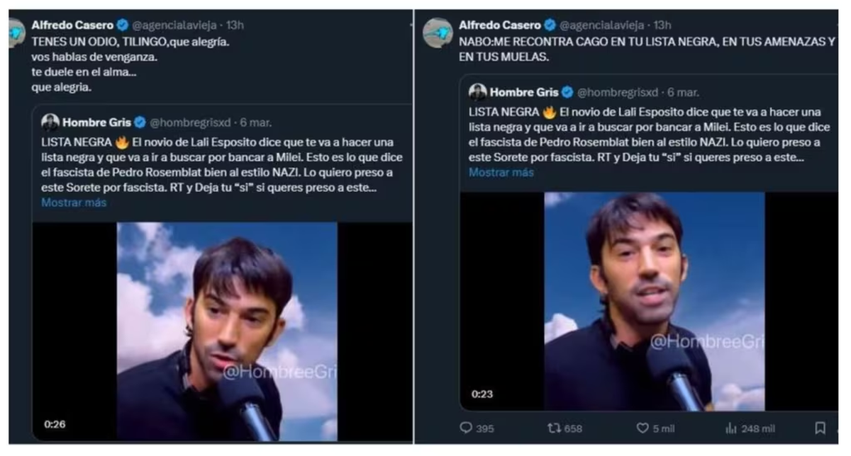 La respuesta de Alfredo Casero a la amenaza de Pedro Rosemblat. La respuesta de Alfredo Casero a la amenaza de Pedro Rosemblat.
