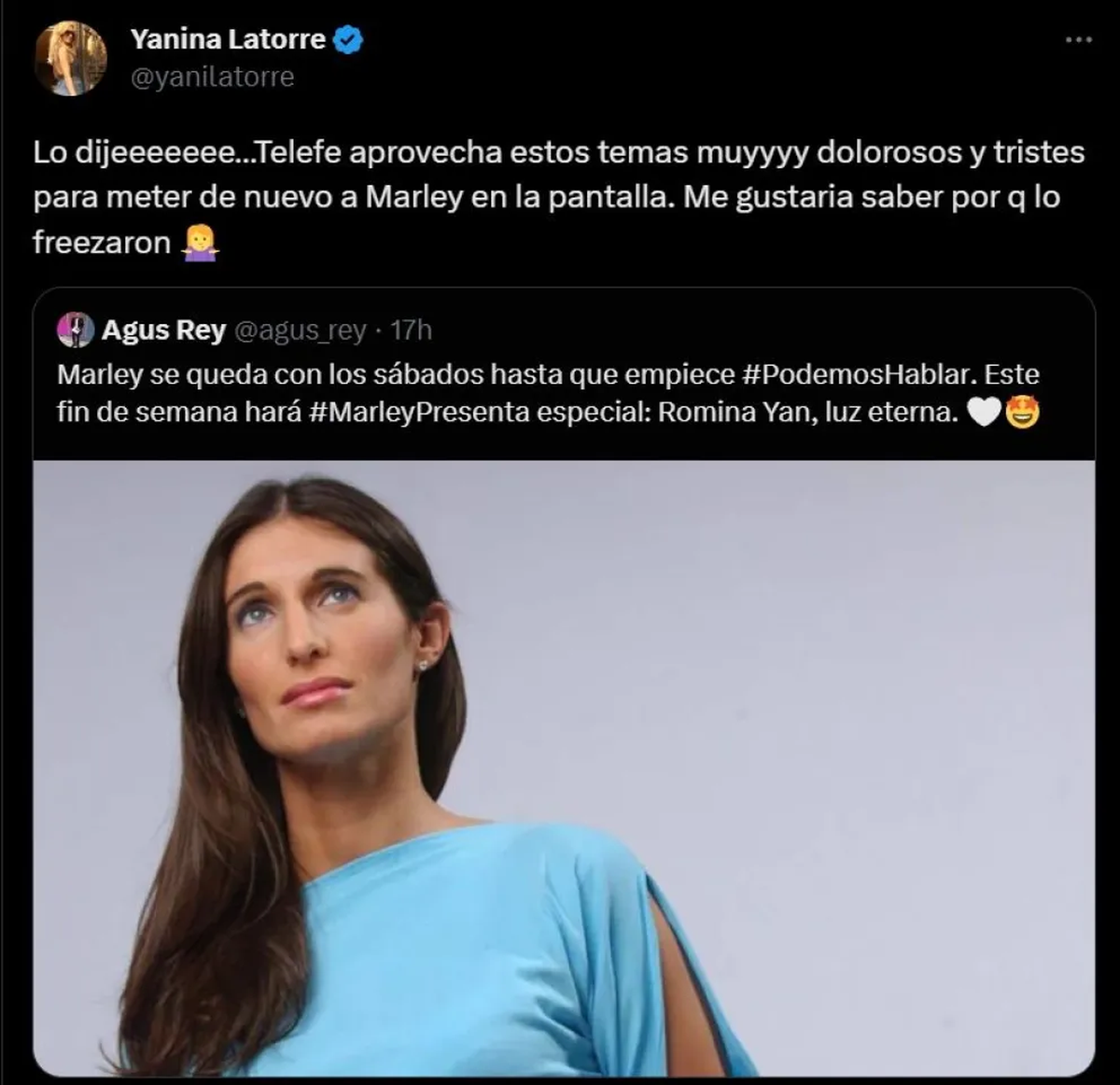 Yanina Latorre apuntó contra Marley y Telefe. Yanina Latorre apuntó contra Marley y Telefe.