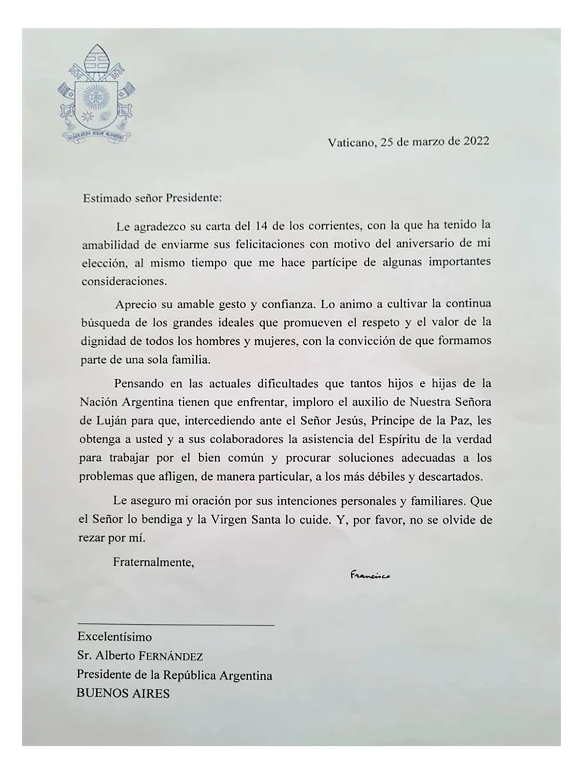 La carta que le envió el papa Francisco a Alberto Fernández.
