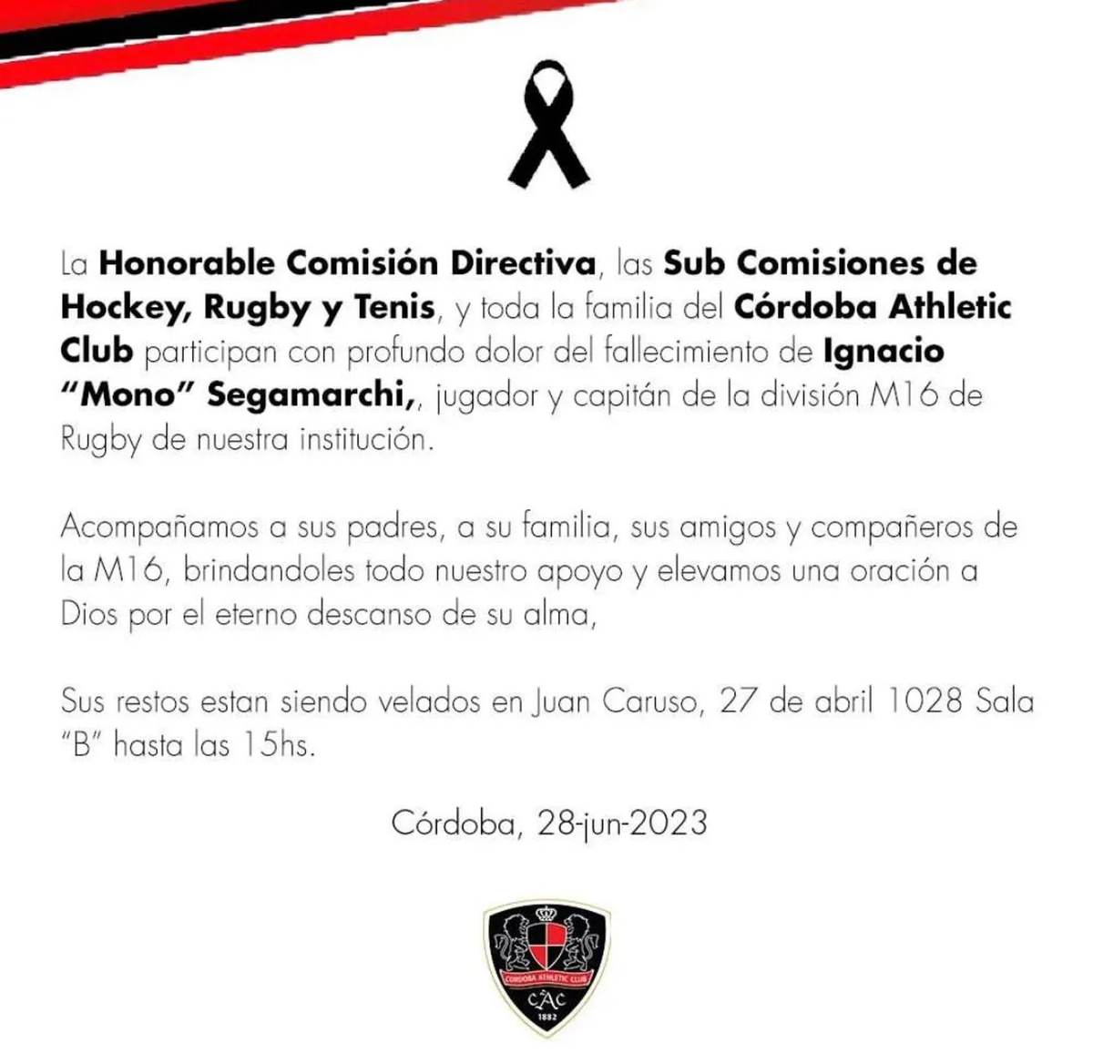 El comunicado que publicó el club tras la muerte del joven deportista.