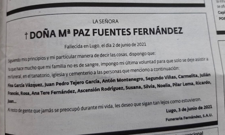 Una mujer, en España, dejó por escrito en su esquela los nombres de las personas que estaban habilitadas a estar presentes en su funeral. Una mujer, en España, dejó por escrito en su esquela los nombres de las personas que estaban habilitadas a estar presentes en su funeral.