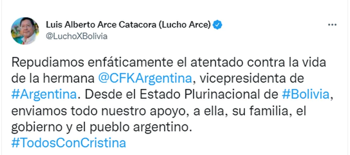 El mensaje publicado por el presidente de Bolivia, Luis Arce