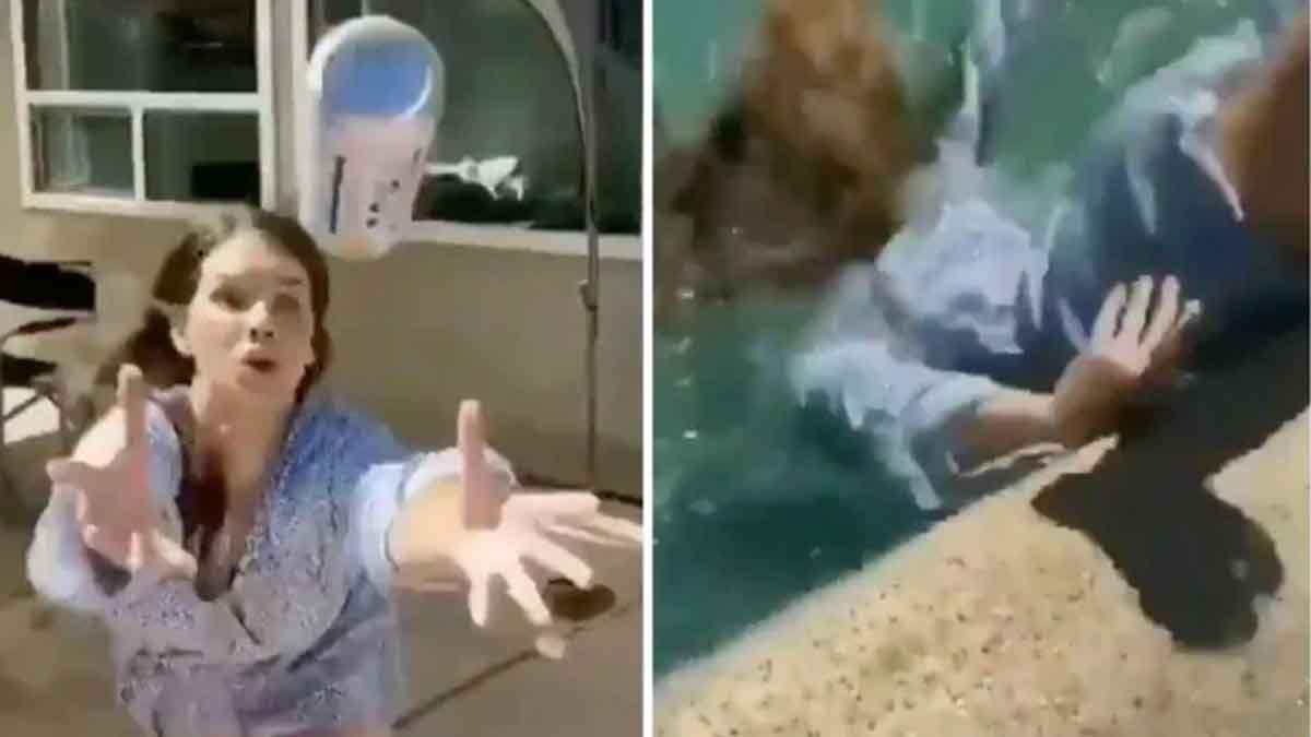 Intentó hacer reto viral de Tik Tok y cayó directo en la piscina