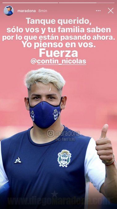 La publicación en Instagram que dedicó Maradona a Nicolás Contín tras conocerse que el delantero del Lobo padece coronavirus.