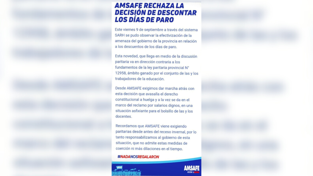 Este viernes 9 de septiembre, a través del sistema Sarh, Amsafe confirmó la efectivización de los descuentos de los días de paro.
