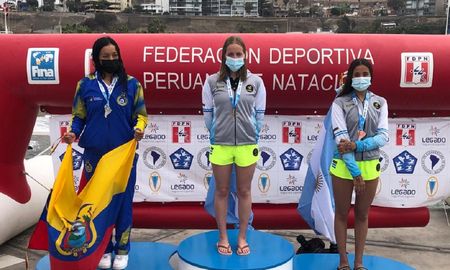 Candela Giordanino, nadadora de Unión, en lo máximo del podio en el Sudamericano Juvenil de Aguas Abiertas disputado en Lima. Candela Giordanino, nadadora de Unión, en lo máximo del podio en el Sudamericano Juvenil de Aguas Abiertas disputado en Lima.