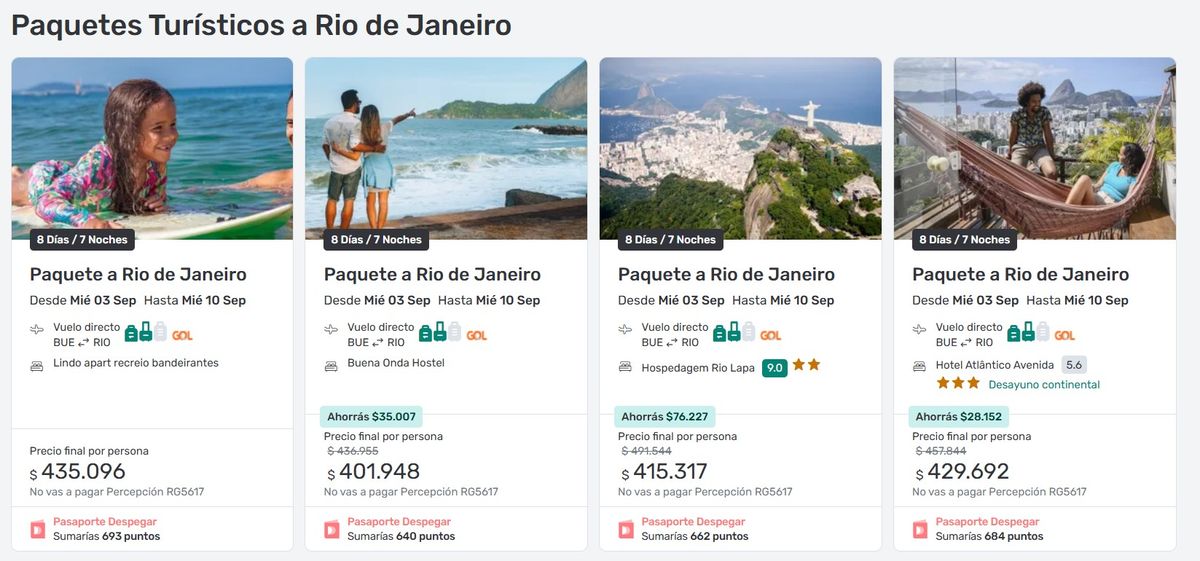 Paquete a Río de Janeiro sacándolo en julio 2025 en la página de Despegar. Paquete a Río de Janeiro sacándolo en julio 2025 en la página de Despegar.