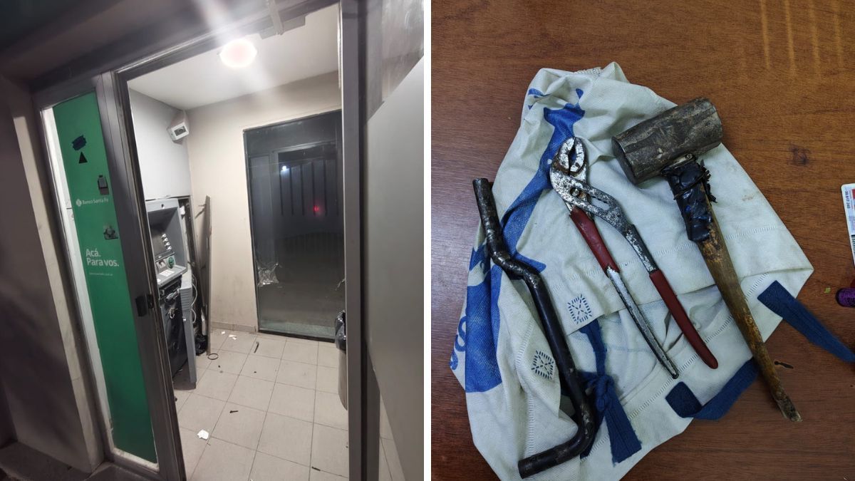 Así quedó el cajero del banco Santa Fe. Las herramientas con las que llevaron a cabo las maniobras fueron secuestradas.