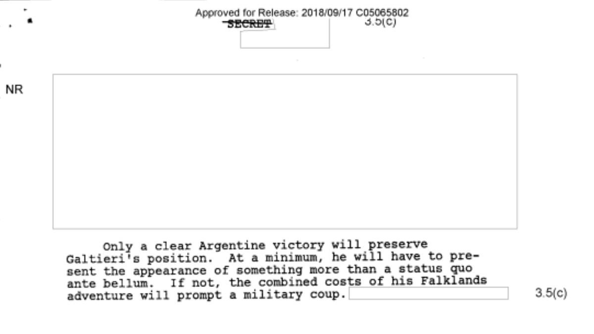 Los documentos estadounidenses que admitían la debilidad de Galtieri en las internas de la Junta Militar. Los documentos estadounidenses que admitían la debilidad de Galtieri en las internas de la Junta Militar.