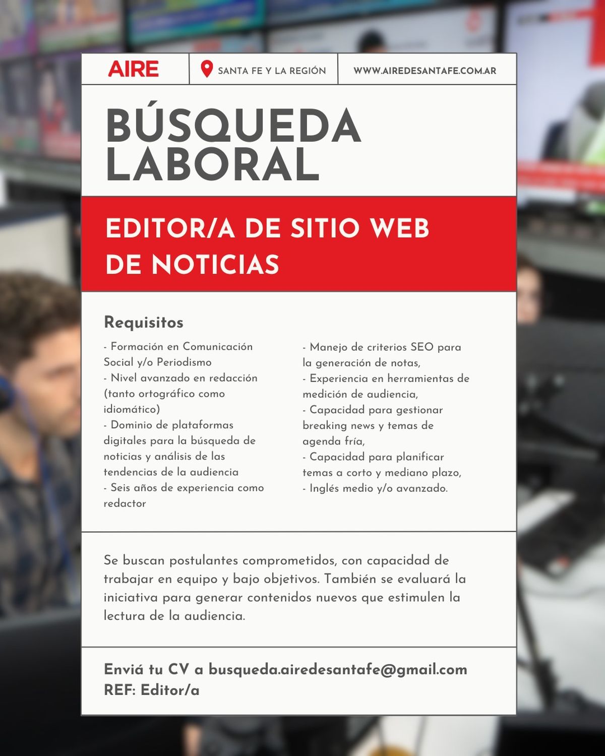 AIRE lanza una búsqueda laboral para incorporar redactores y editores con formación periodística