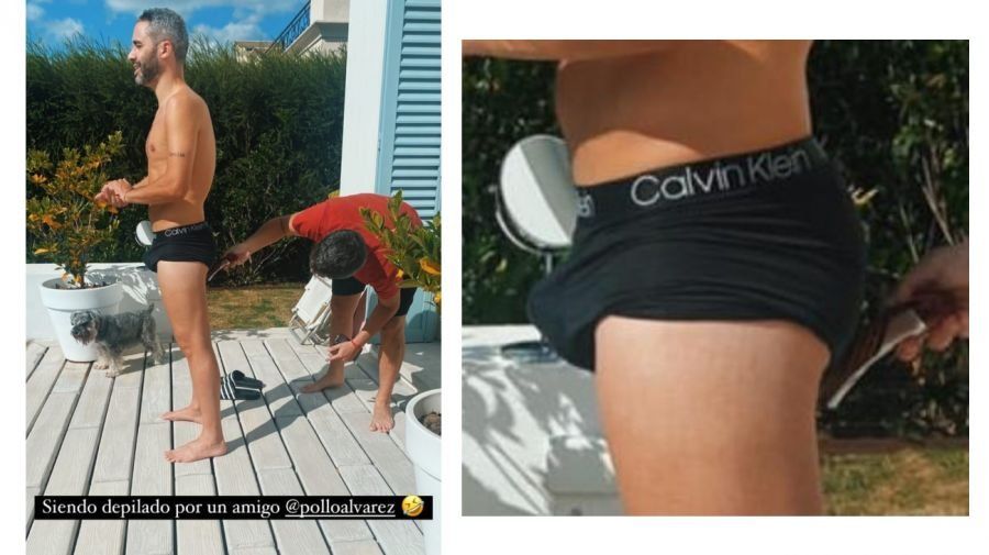Pollo Álvarez en calzoncillos siendo depilado por un amigo.