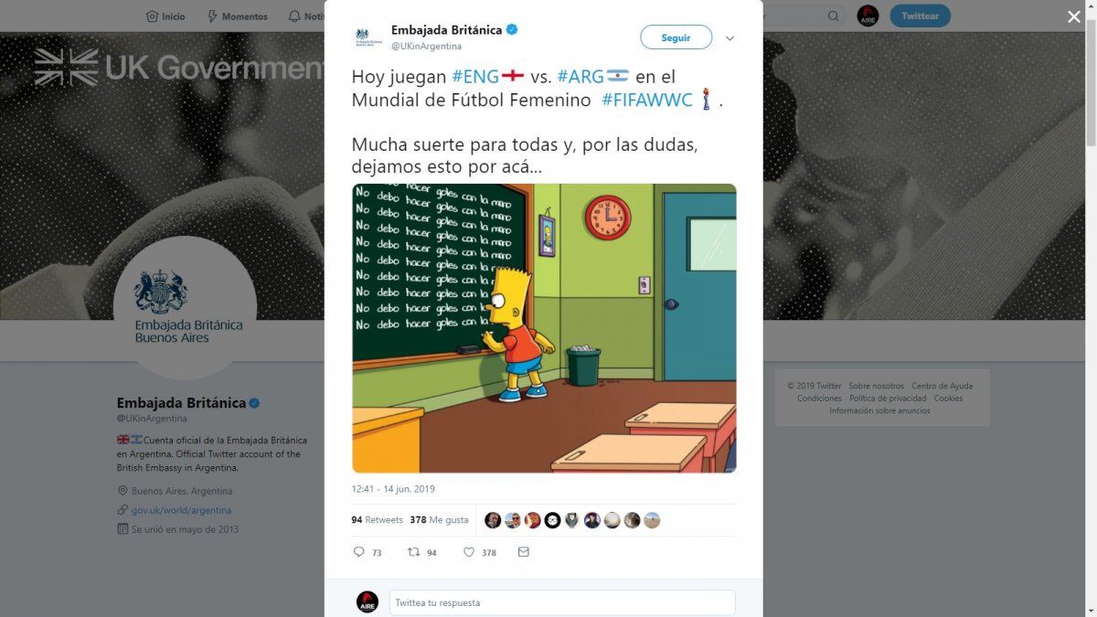 La broma de mal gusto que hizo en redes la Embajada Británica previo al duelo de las chicas en el Mundial