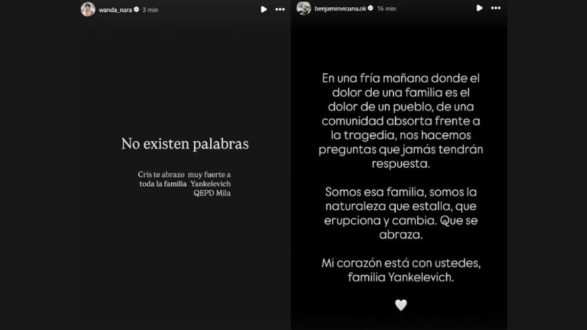 Wanda Nara y Benjamín Vicuña compartieron sus condolencias luego de la muerte de Mila Yankelevich. Wanda Nara y Benjamín Vicuña compartieron sus condolencias luego de la muerte de Mila Yankelevich.