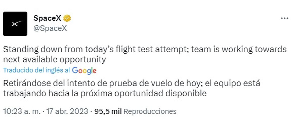 El tuit de SpaceX sobre la cancelación del vuelo.