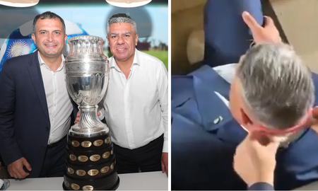 Quién es el dirigente que le pasó la toalla por el cuello a Chiqui Tapia en pleno partido de Argentina. Quién es el dirigente que le pasó la toalla por el cuello a Chiqui Tapia en pleno partido de Argentina.