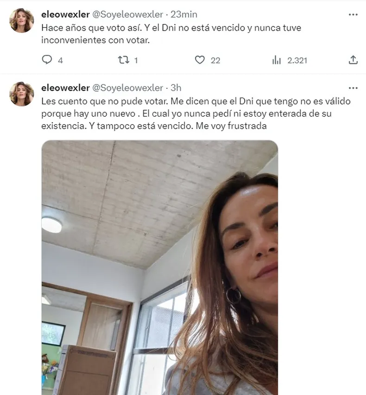 Eleonora Wexler contó en Twitter los problemas que tuvo a la hora de votar. Eleonora Wexler contó en Twitter los problemas que tuvo a la hora de votar.