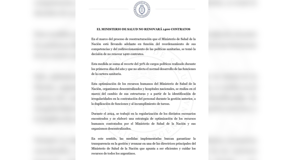 El Ministerio de Salud anunció que no renovará 1.400 contratos de empleados El Ministerio de Salud anunció que no renovará 1.400 contratos de empleados