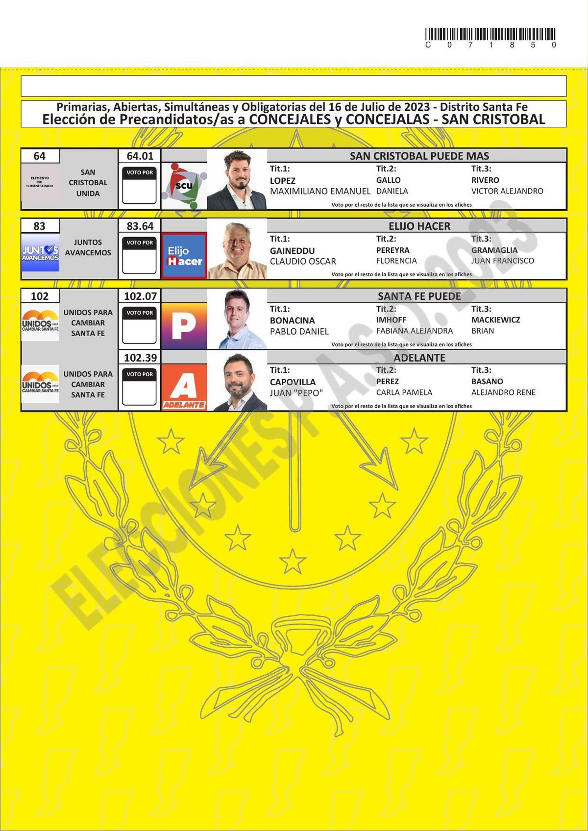 En la categoría para concejales, habrá dos listas que competirán dentro del frente Unidos para Cambiar Santa Fe): Juan Capovilla por Adelante, y Pablo Bonacina por Santa Fe Puede. Dentro de Juntos Avancemos, participará Claudio Gaineddu. En la categoría para concejales, habrá dos listas que competirán dentro del frente Unidos para Cambiar Santa Fe): Juan Capovilla por Adelante, y Pablo Bonacina por Santa Fe Puede. Dentro de Juntos Avancemos, participará Claudio Gaineddu.
