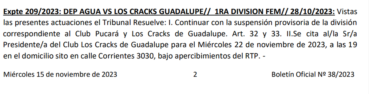 El Tribunal de Disciplina ratificó la sanción provisoria a Los Crack de Guadalupe El Tribunal de Disciplina ratificó la sanción provisoria a Los Crack de Guadalupe
