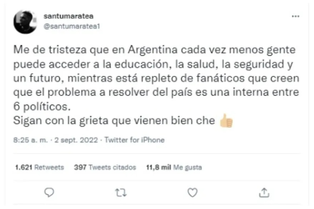 La opinión de Santiago Maratea sobre lo sucedido con Cristina KirchnerTwitter @santumaratea1