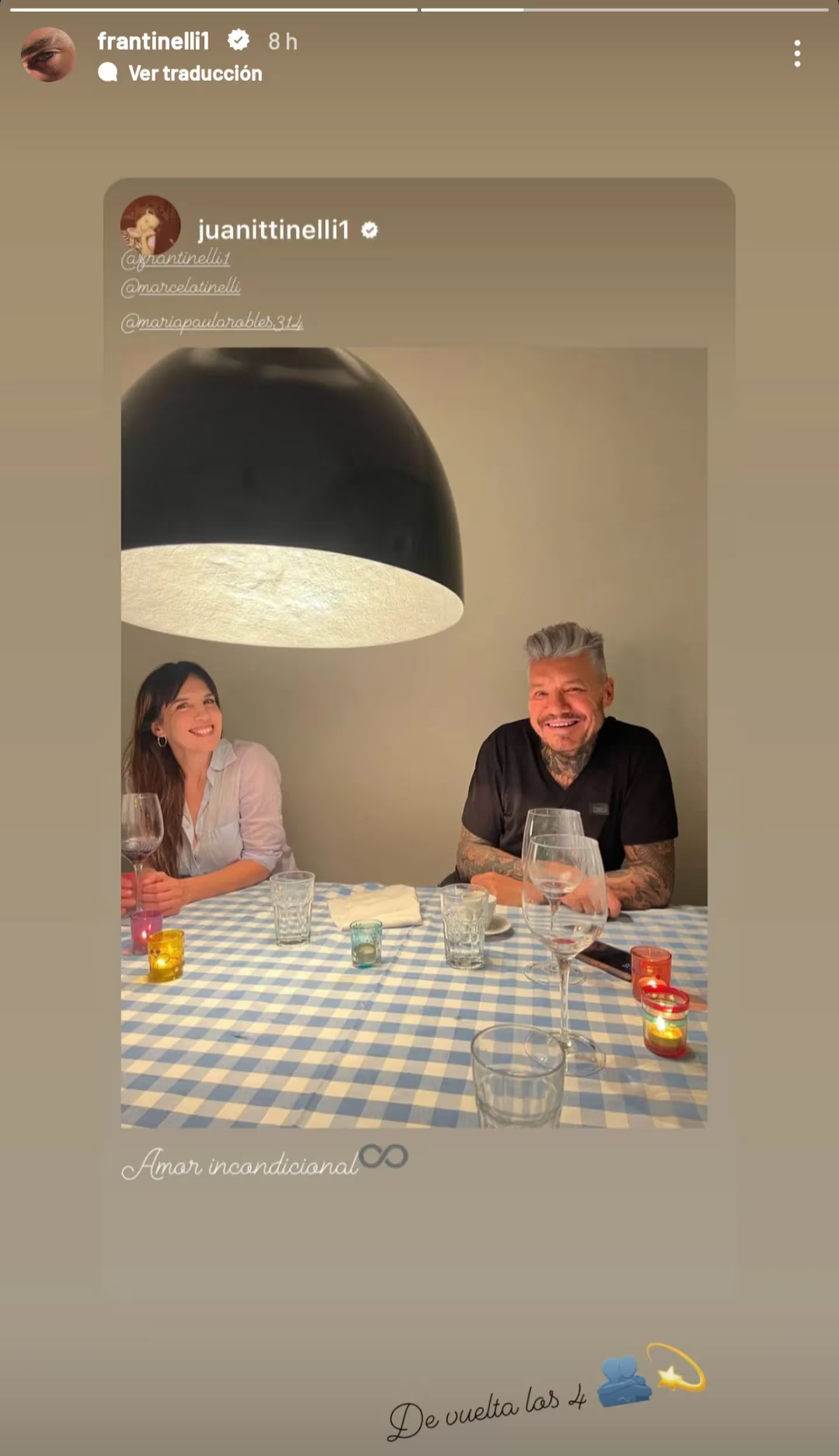 Marcelo Tinelli y Paula Robles se reencontraron y compartieron una cena junto a sus dos hijos: Juana y Francisco. Marcelo Tinelli y Paula Robles se reencontraron y compartieron una cena junto a sus dos hijos: Juana y Francisco.