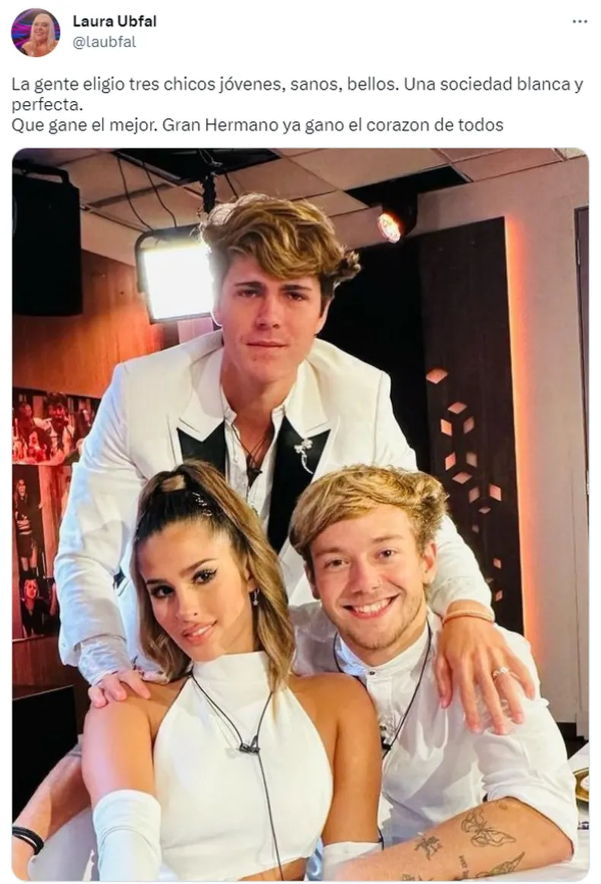 El tuit de Laura Ubfal sobre los finalistas de Gran Hermano que generó polémica.