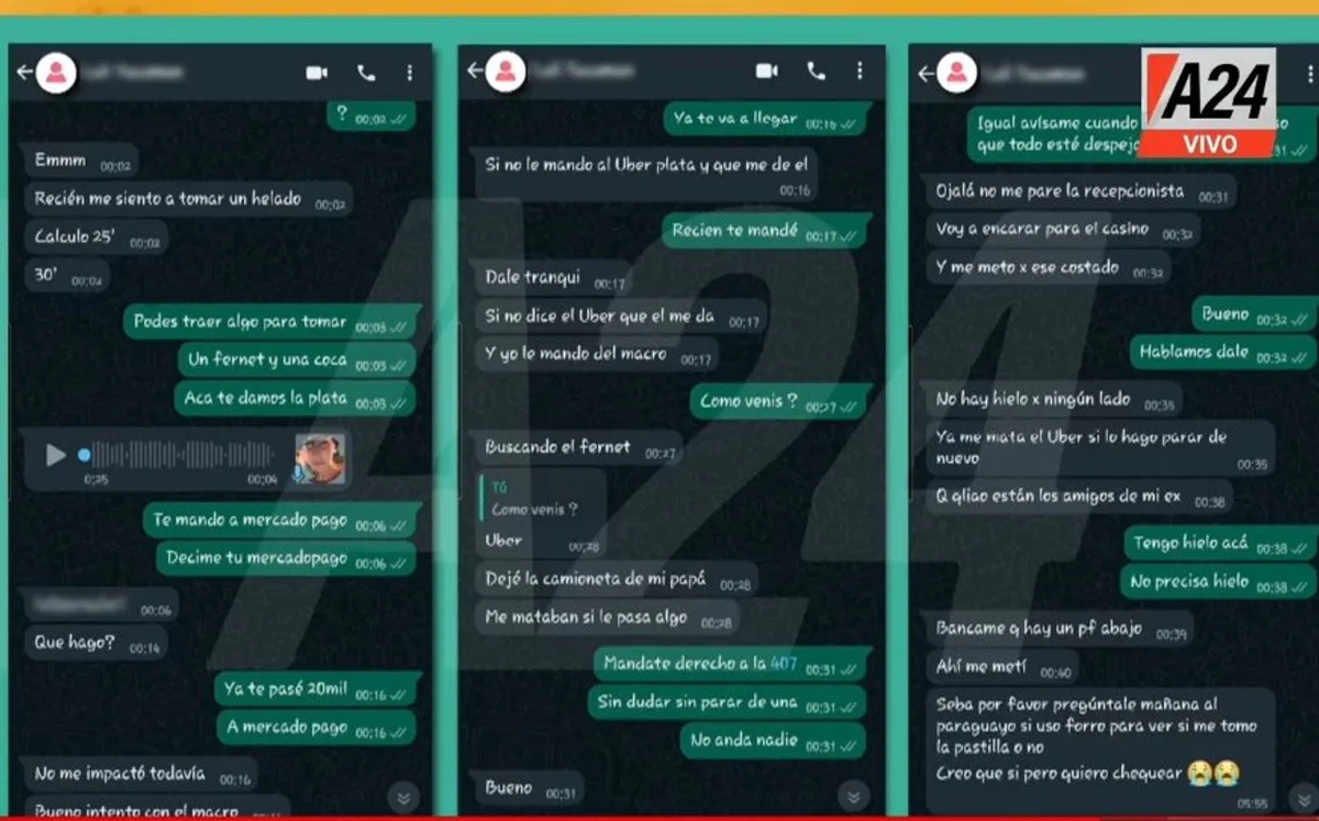 Chat entre Sebastián Sosa y la periodista denunciante. Crédito: A24. Chat entre Sebastián Sosa y la periodista denunciante. Crédito: A24.