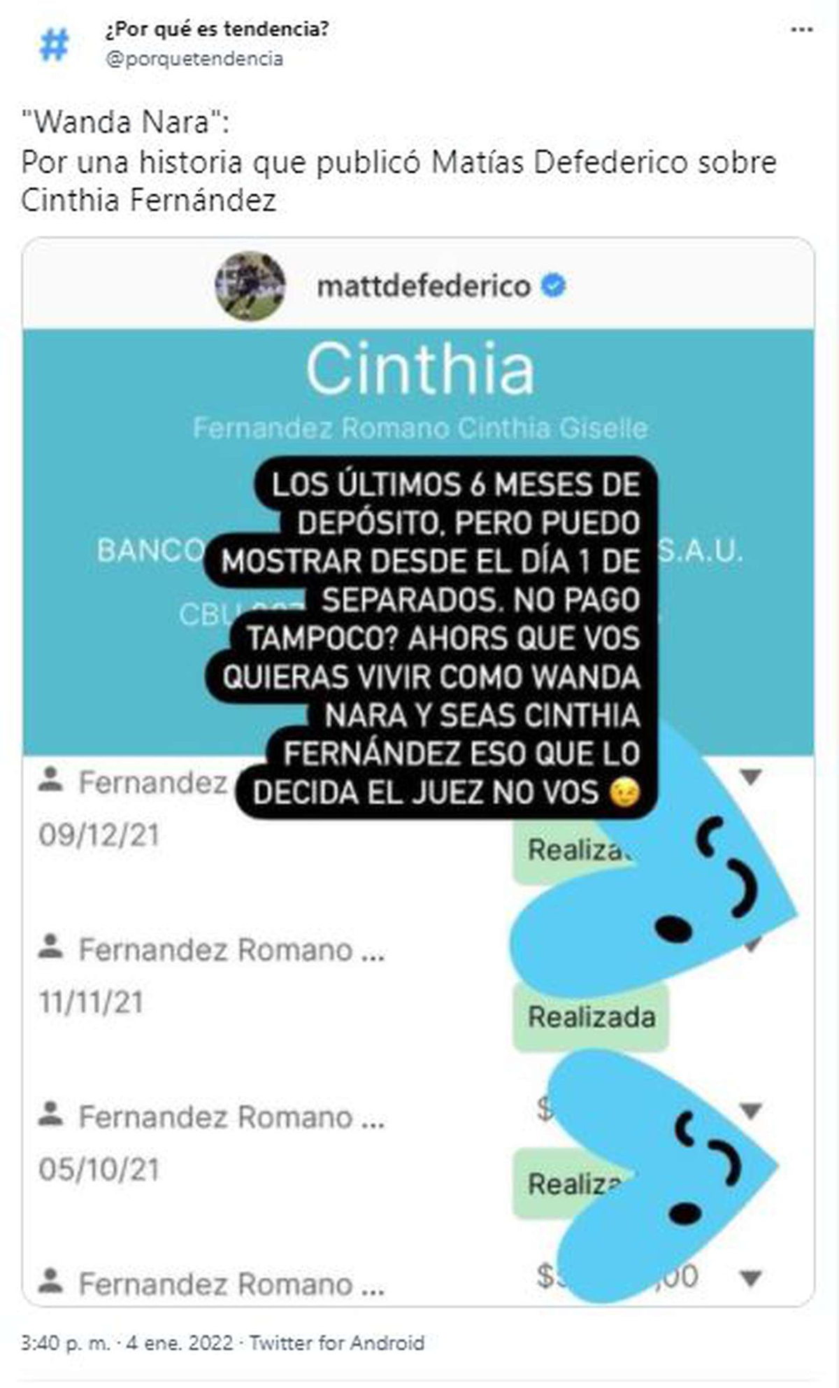 Wanda Nara fue tendencia en Twitter por Mat&iacute;as Defederico y Wanda Nara.