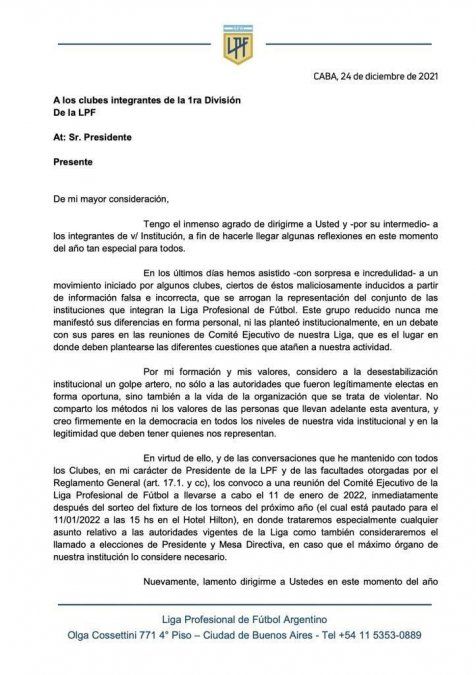 Marcelo Tinelli publicó un escrito luego de la jugada de 15 clubes de Primera División que quieren removerlo como presidente de la Liga Profesional.