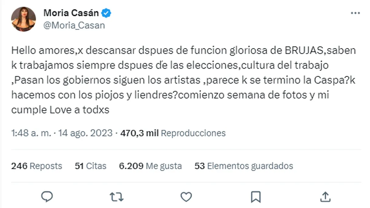 El irónico mensaje de Moria Casán tras la victoria de Javier Milei en las PASO 2023. El irónico mensaje de Moria Casán tras la victoria de Javier Milei en las PASO 2023.