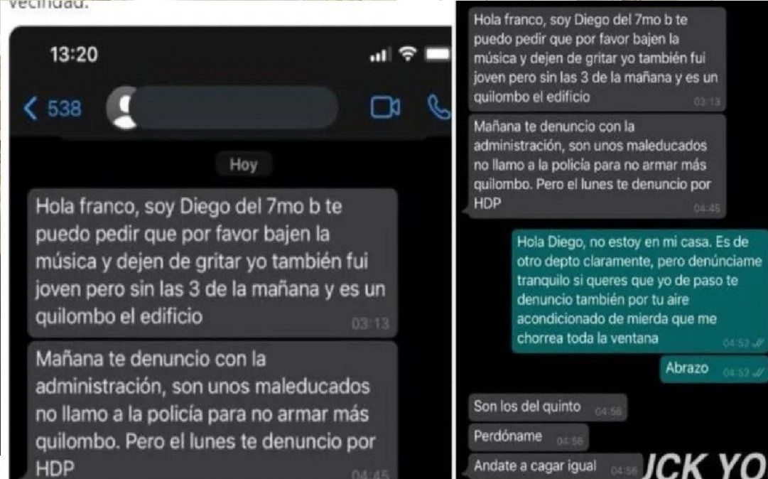 La conversación en WhatsApp por el volumen de la música que se volvió viral