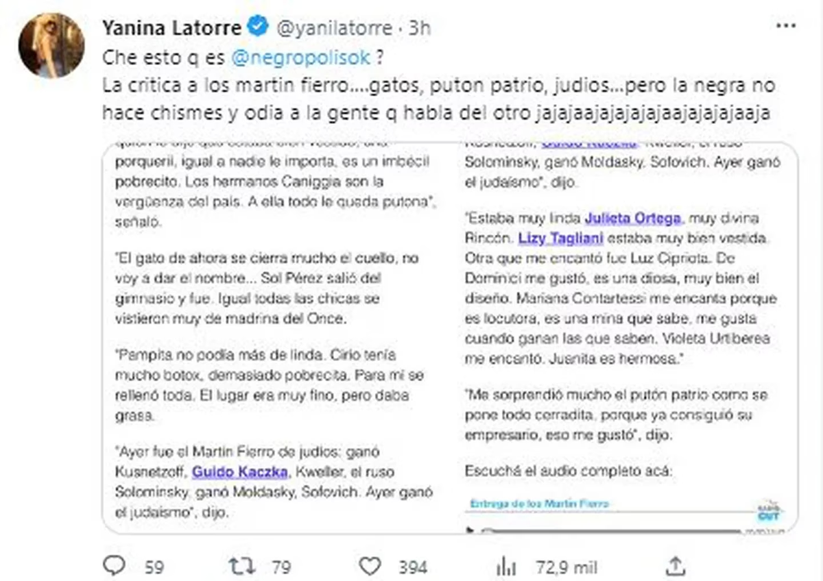 Los polémicos chats de la Negra Vernaci con Yanina Latorre.