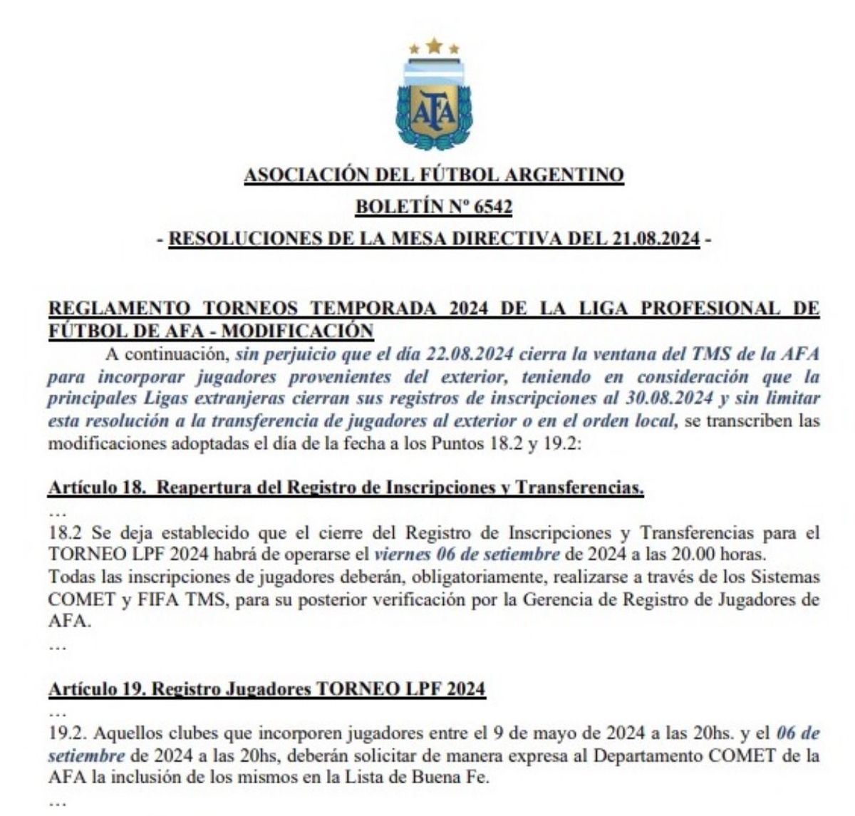 AFA extendió el mercado de pases del fútbol argentino.