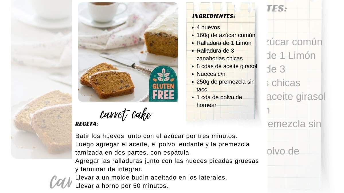 Receta e ingredientes para hacer carrot cake sin TACC ni lactosa en casa. Receta e ingredientes para hacer carrot cake sin TACC ni lactosa en casa.
