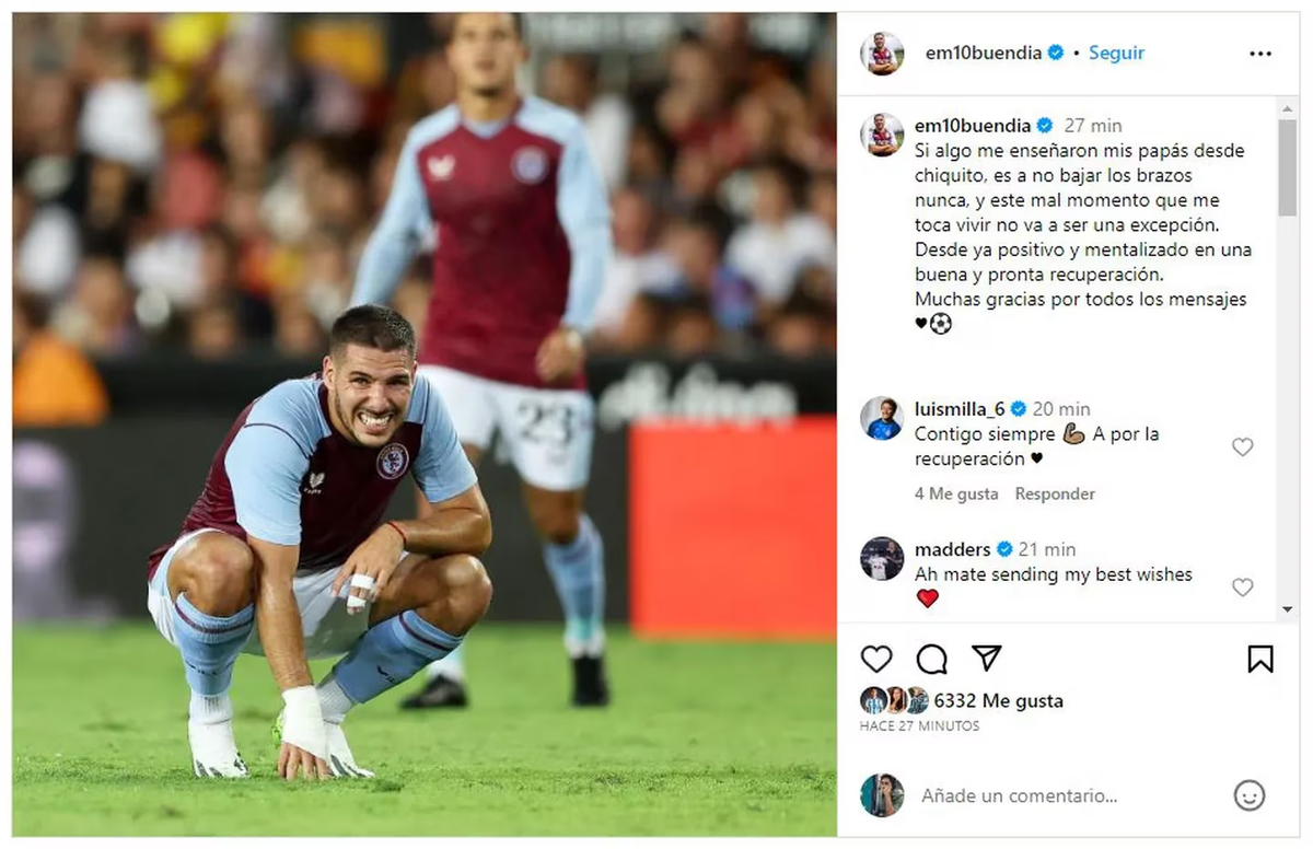 El posteo de Emiliano Buendía después de su grave lesión. El posteo de Emiliano Buendía después de su grave lesión.