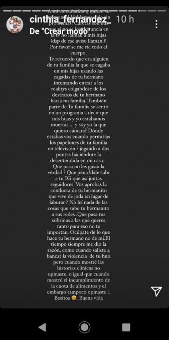 Cinthia Fernández furiosa contra la hermana de Defederico. 