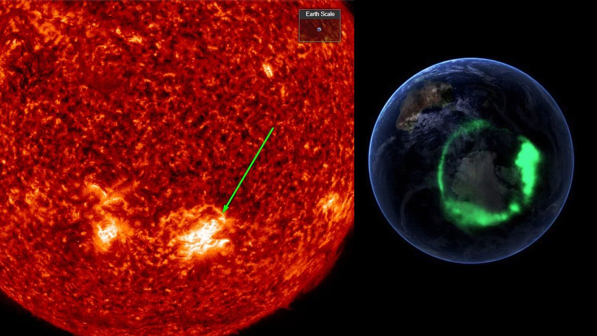 A la izquierda, la tormenta solar y la Tierra comparada en escala con el Sol. A la derecha, una imagen de una aurora boreal tomada por la Nasa desde el espacio.