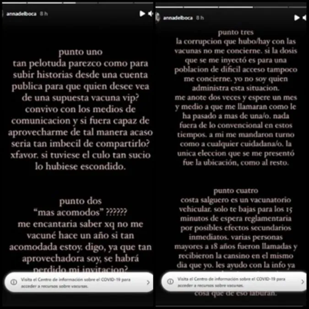 Anna Chiara desmintió ser vacunada vip. 