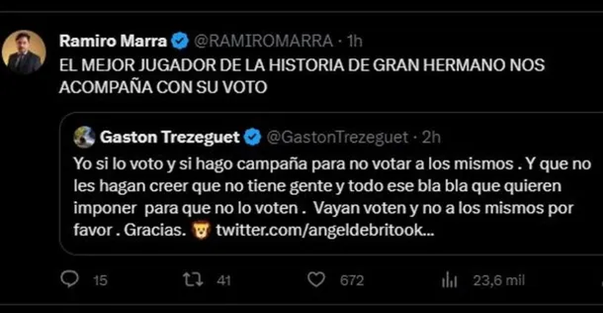 Los tuit de Gastón Trezeguet apoyando a Milei. Los tuit de Gastón Trezeguet apoyando a Milei.