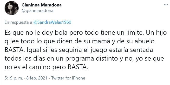 Gianinna Maradona apuntó contra el periodismo/Foto: Twitter 