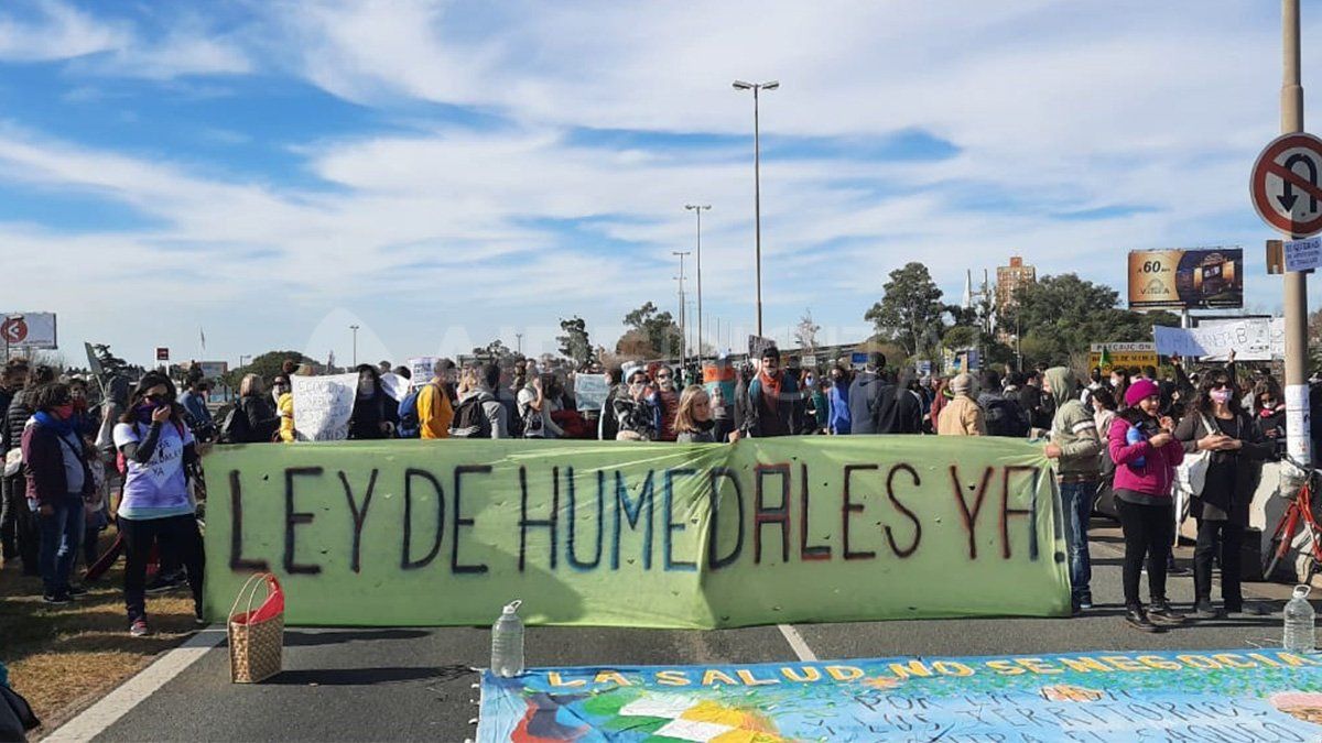 Manifestantes pidieron por la ley de humedales sobre el puente Rosario-Victoria este sábado. 