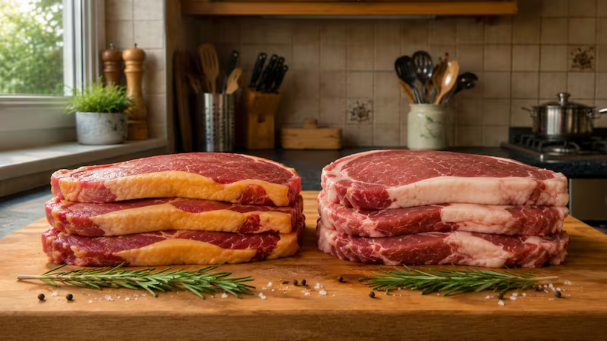 Carne con grasa amarilla o blanca.