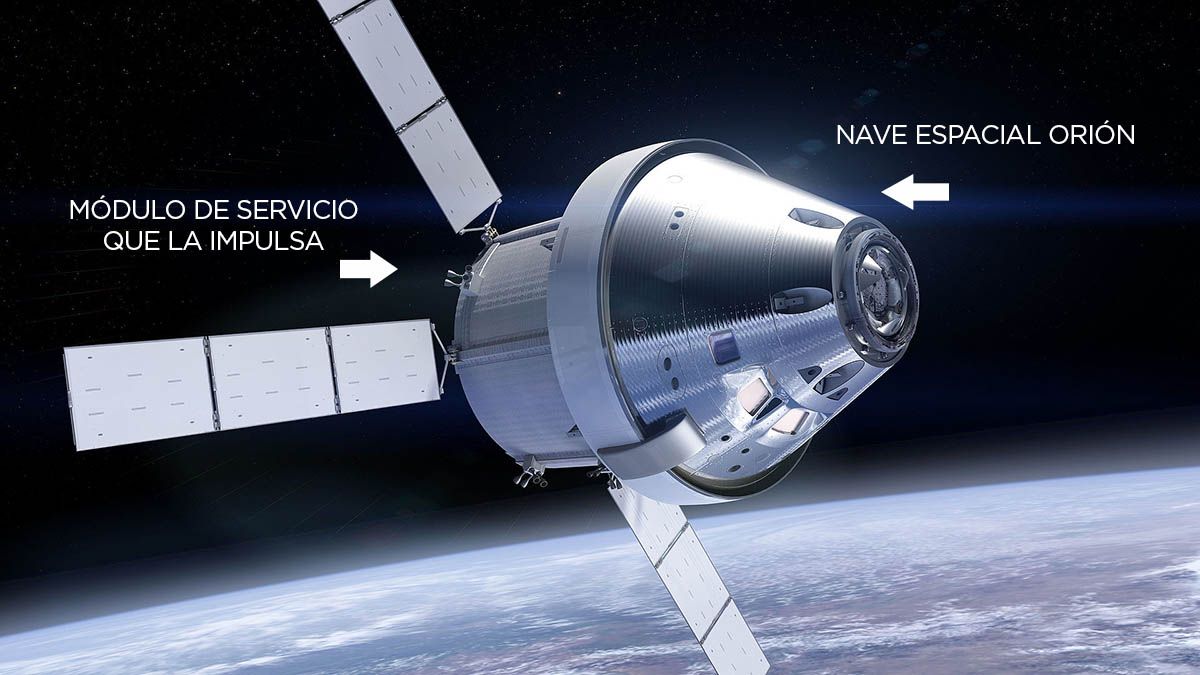 La nave Orión viajará a la Luna acoplada al módulo de servicio europeo, que le dará propulsión y servicios como oxígeno para los tripulantes.