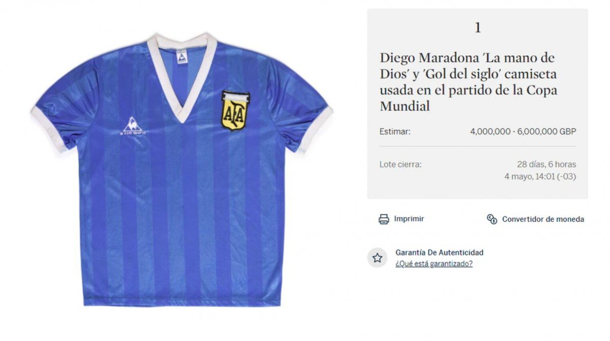 La camiseta de Diego Armando Maradona se vendió en casi nueve millones de dólares