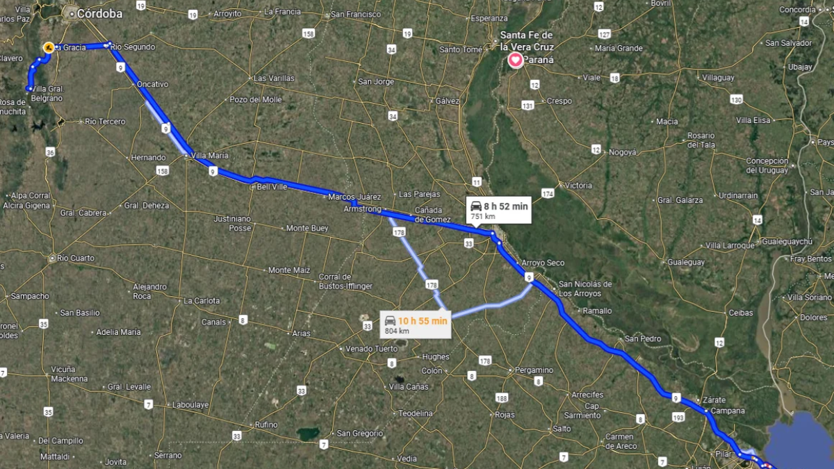 Camino más directo desde el Obelisco de CABA al al mágico resto de campo cordobés. Foto: Agencia Noticias Argentinas - Captura Google Maps.
