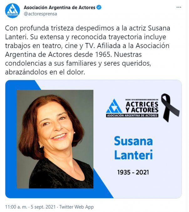 El fallecimiento de Susana Lanteri fue informado por la Asociación Argentina de Actores.